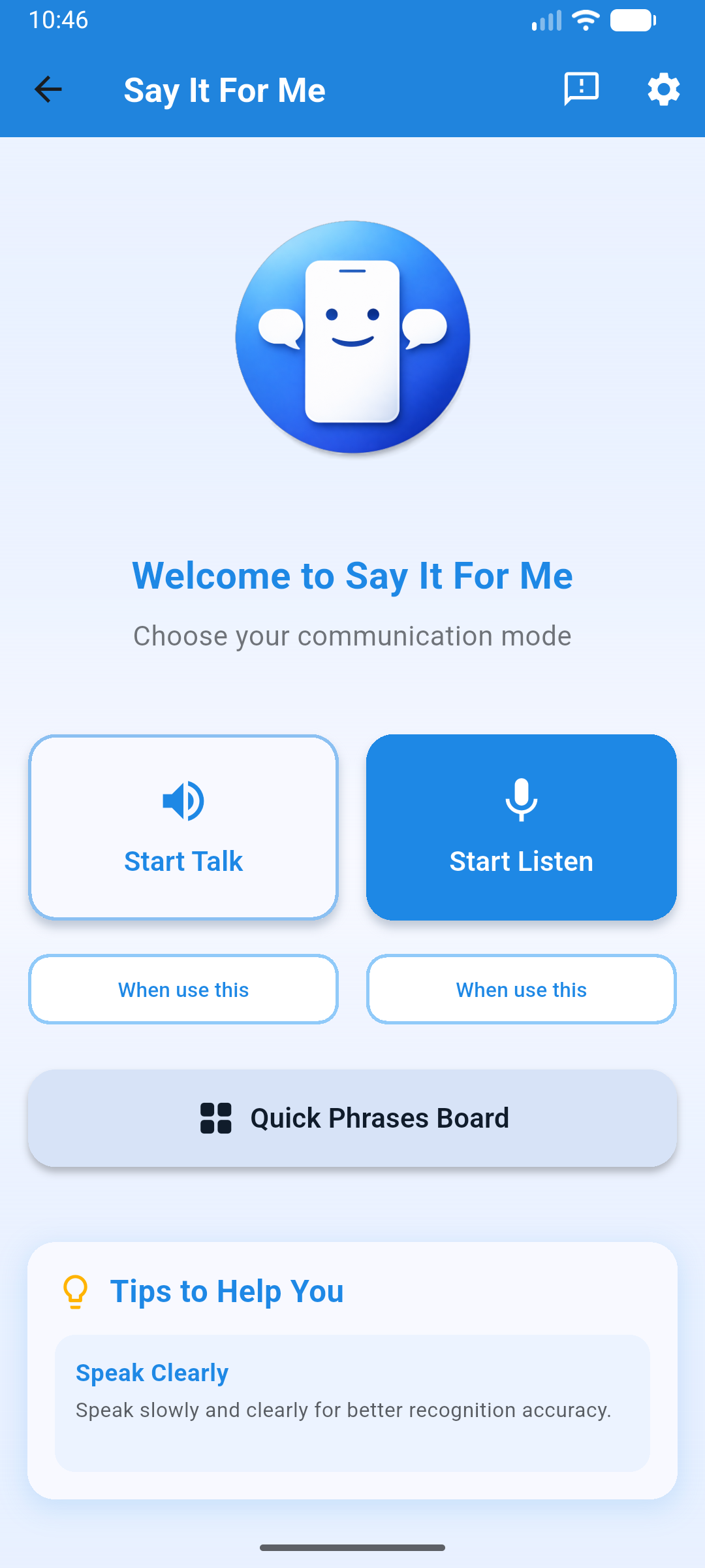 Say It For Me main screen with Start Listen and Start Talk
